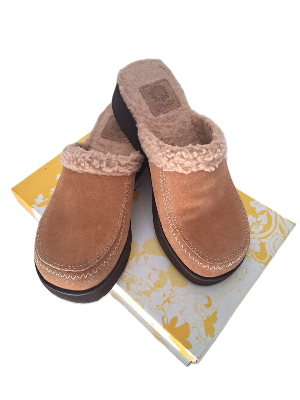 YELLOW BOX Hamburg Suede Fur Lined Platform Slides Cognac Women's - Size 7.5